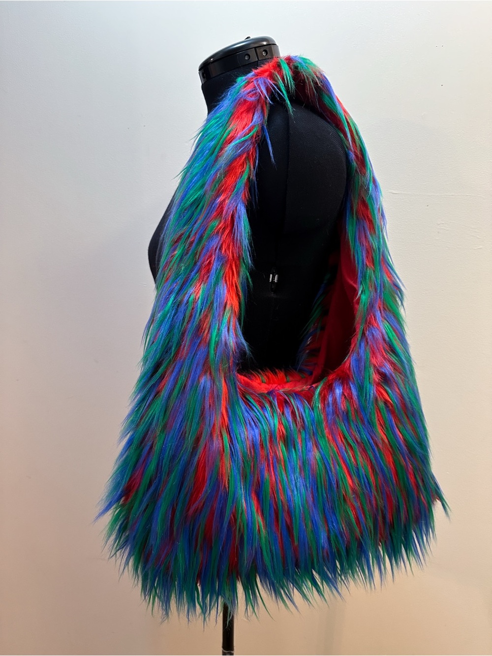 Handmade Red Blue Green Spiked Fuzzy Funky Fun Small Faux Fur Shoulder Bag